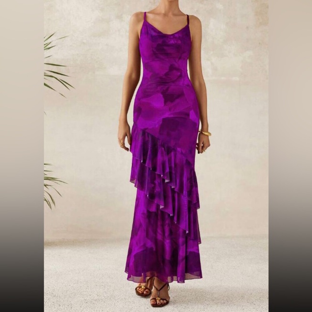 Sleeveless Purple Floral Ruffled Maxi Dress - Picture 5 of 5